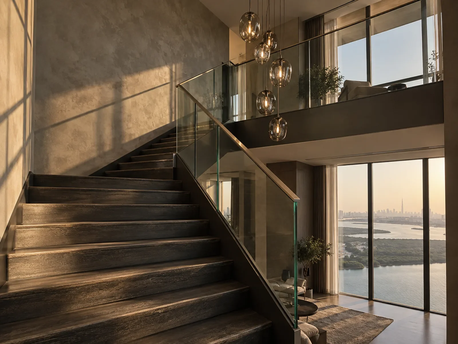 Smoked oak and blackened steel stair with a glass balustrade in a double-height penthouse overlooking Dubai Creek
