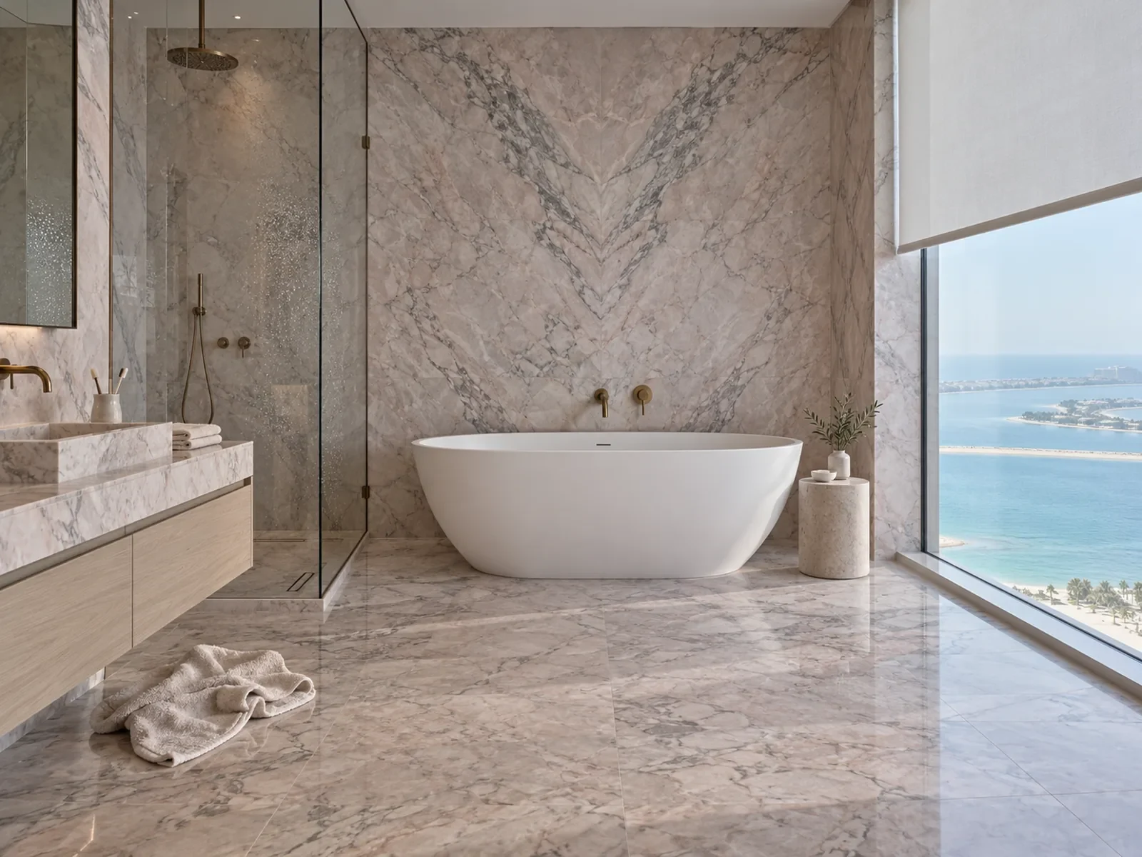 Penthouse bathroom in pink-grey marble with a freestanding bath beside a sea-view window