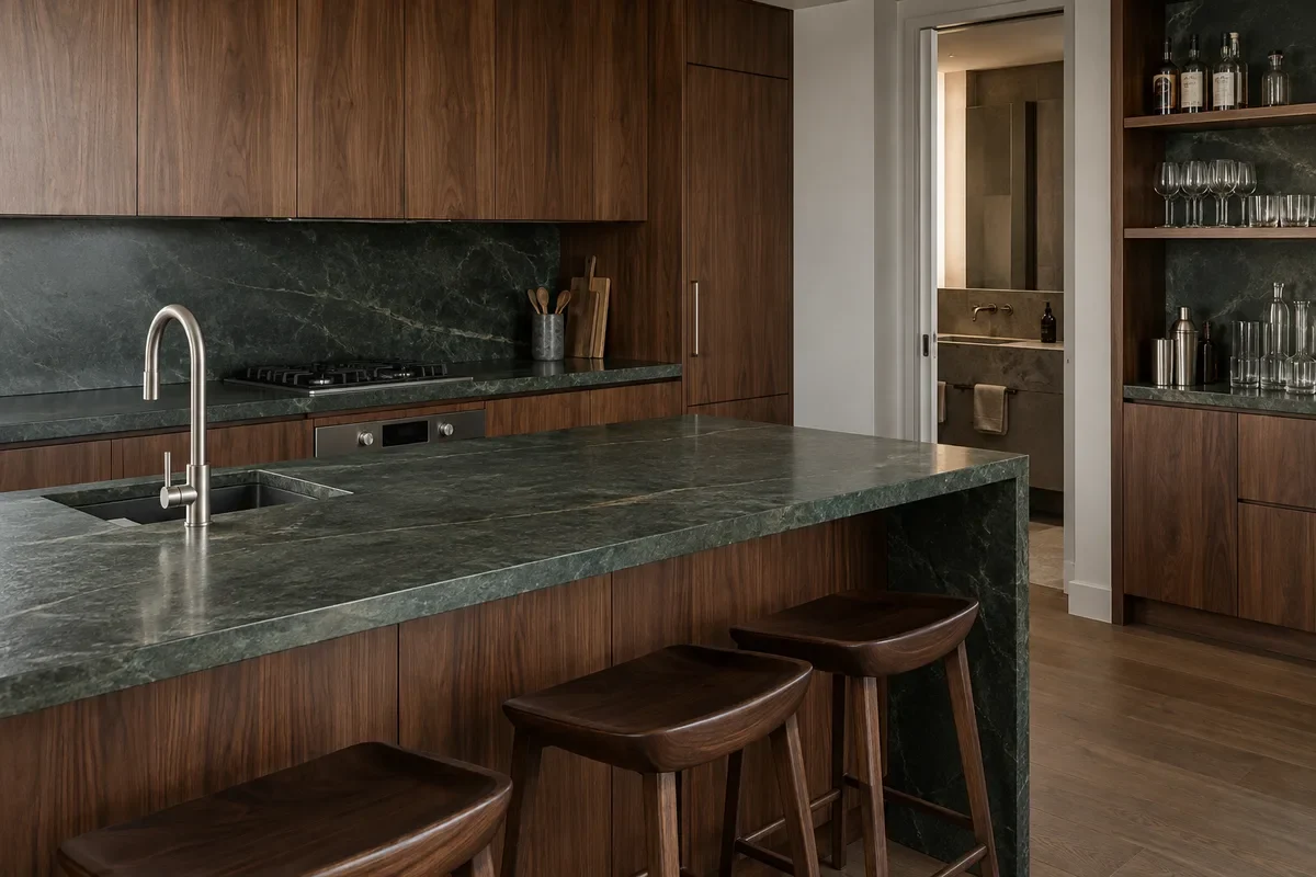 Penthouse kitchen with honed green stone counter and walnut cabinetry