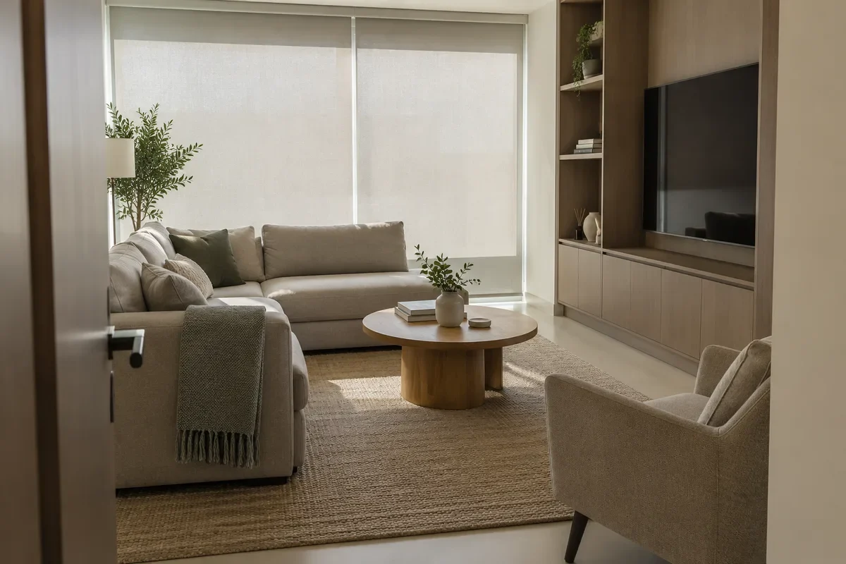 Rental-ready penthouse living room with durable furnishings and fitted storage