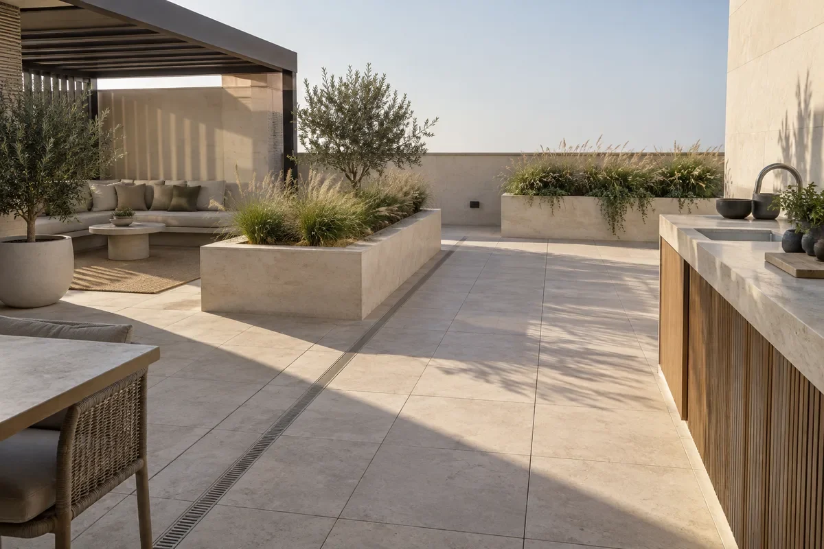 Penthouse roof terrace with pale paving, built-in planters and shaded seating