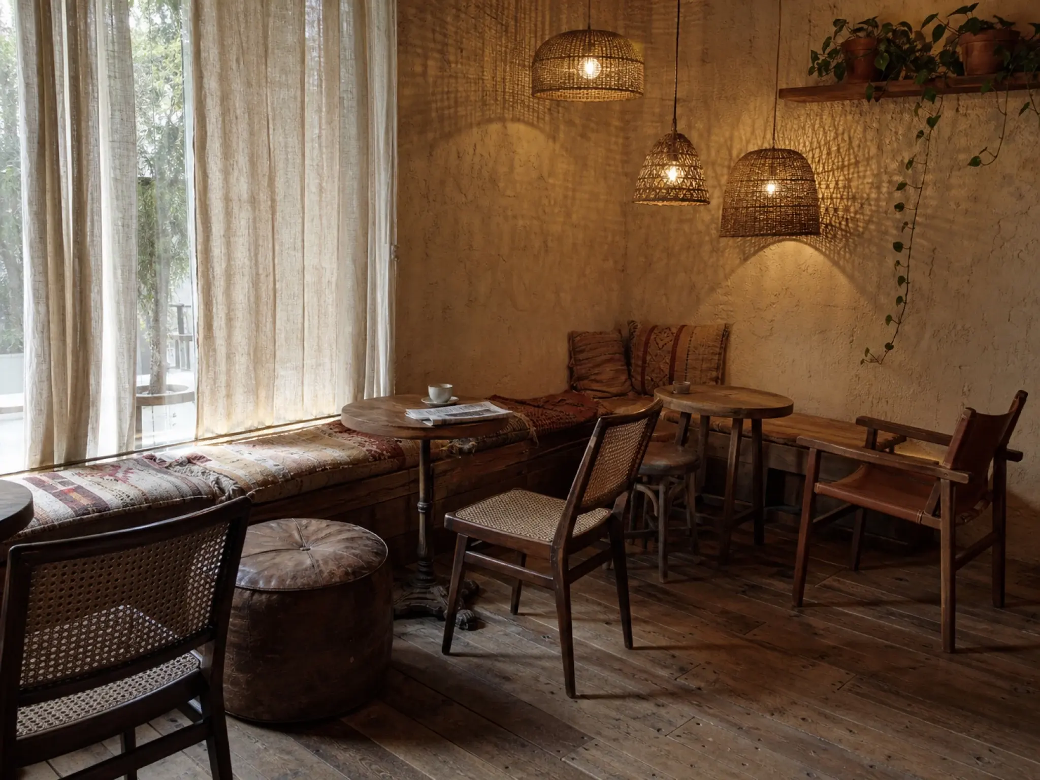 Boho chic cafe interior with rattan pendants, raw linen upholstery and layered textiles