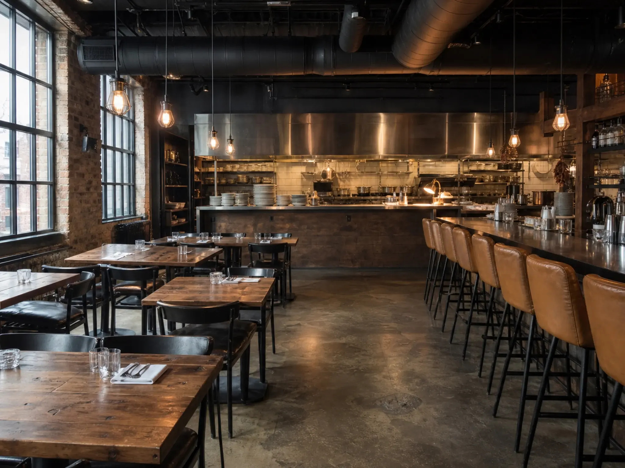 Industrial loft restaurant with exposed ductwork, blackened steel and an open kitchen pass