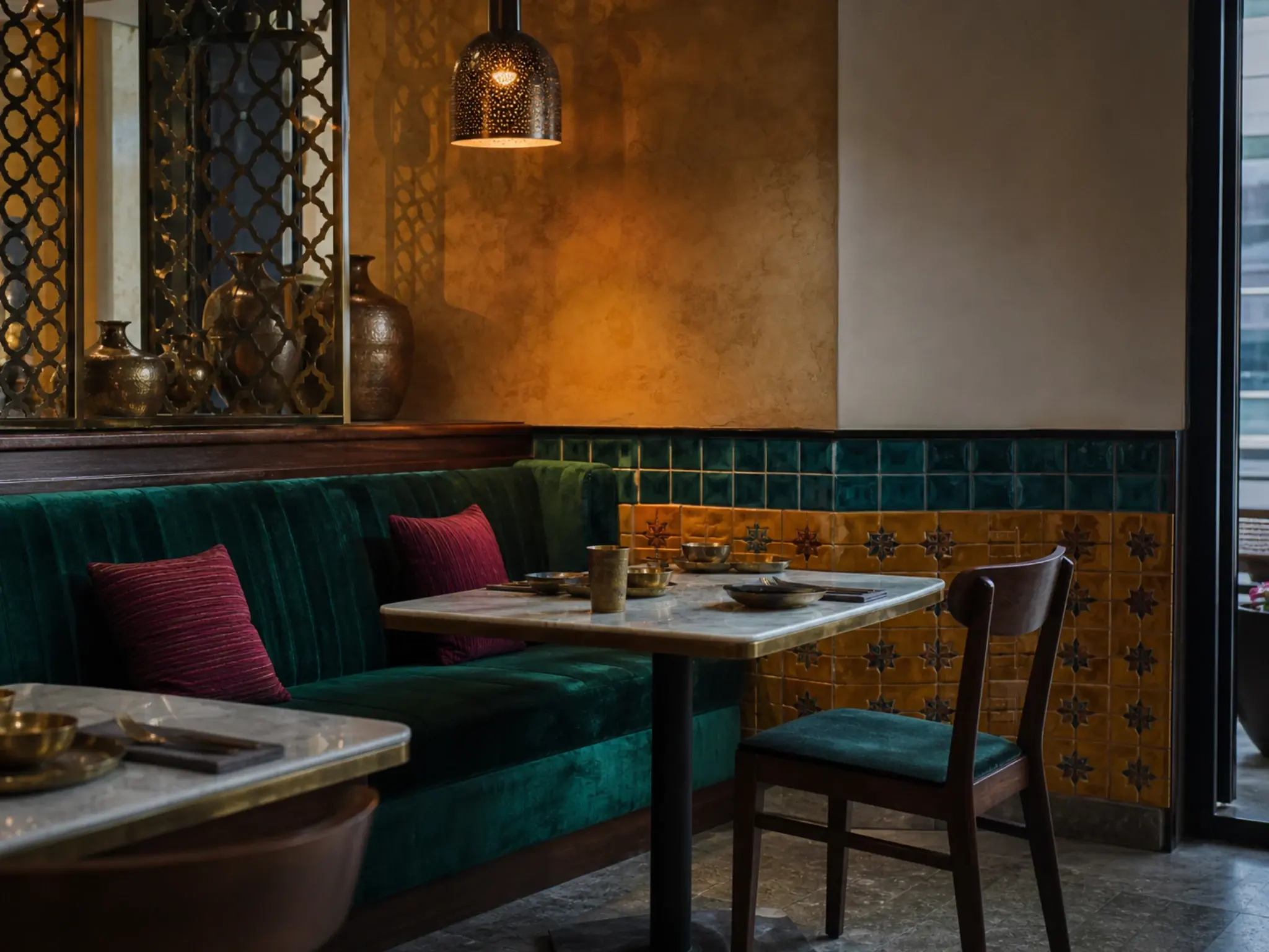Jewel-tone Indian restaurant interior with emerald and magenta upholstery, brass screens and patterned tilework