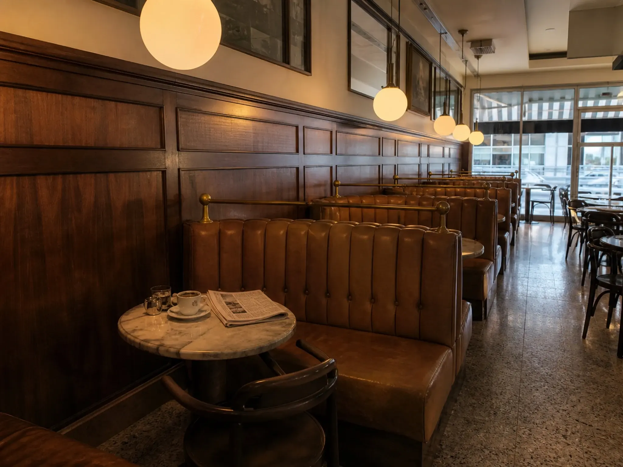 Mid-century brasserie with walnut panelling, tan leather booth seating and globe pendant lighting
