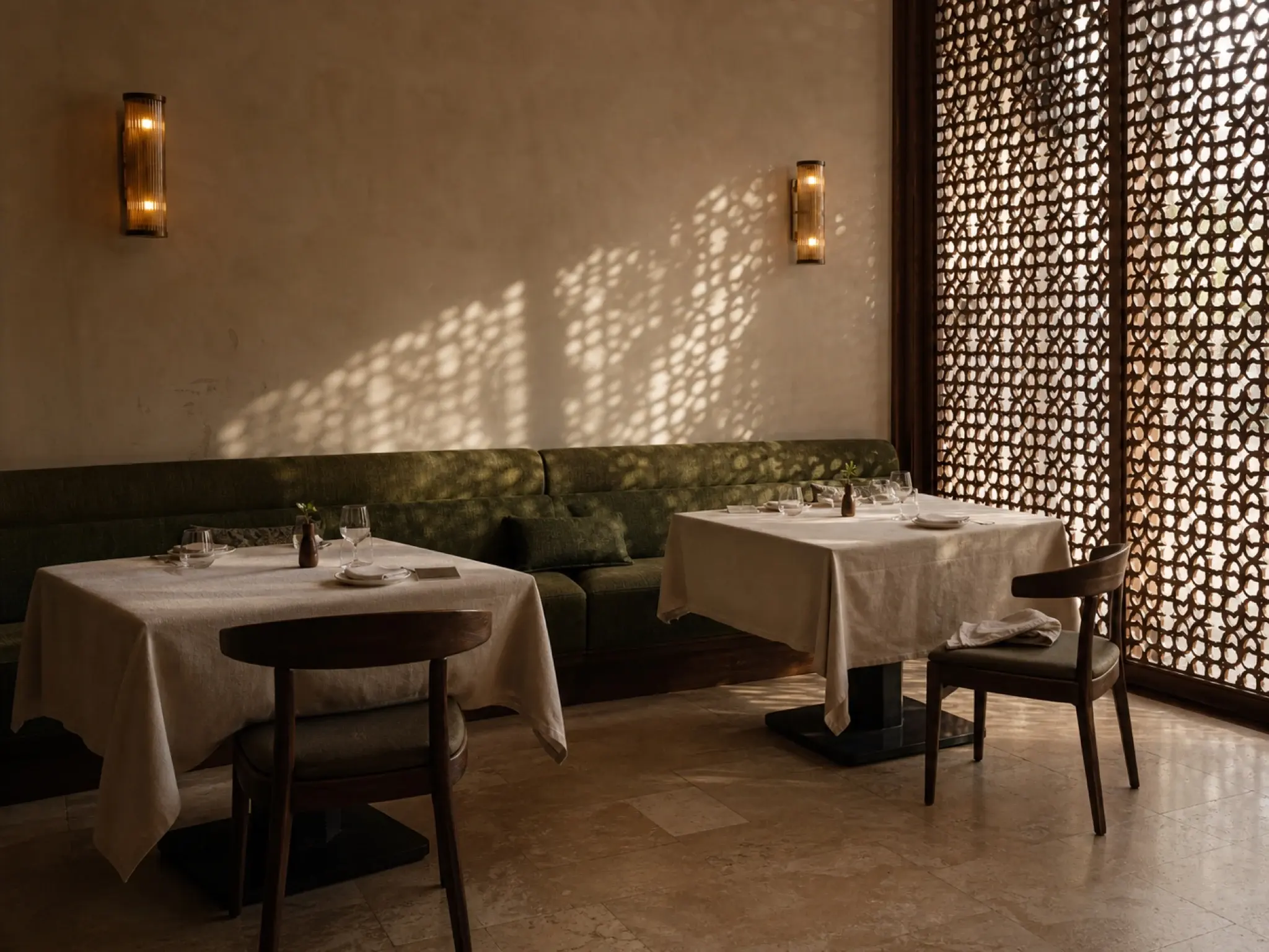 Modern Arabic restaurant interior with mashrabiya screening and majlis-style banquette seating in Dubai