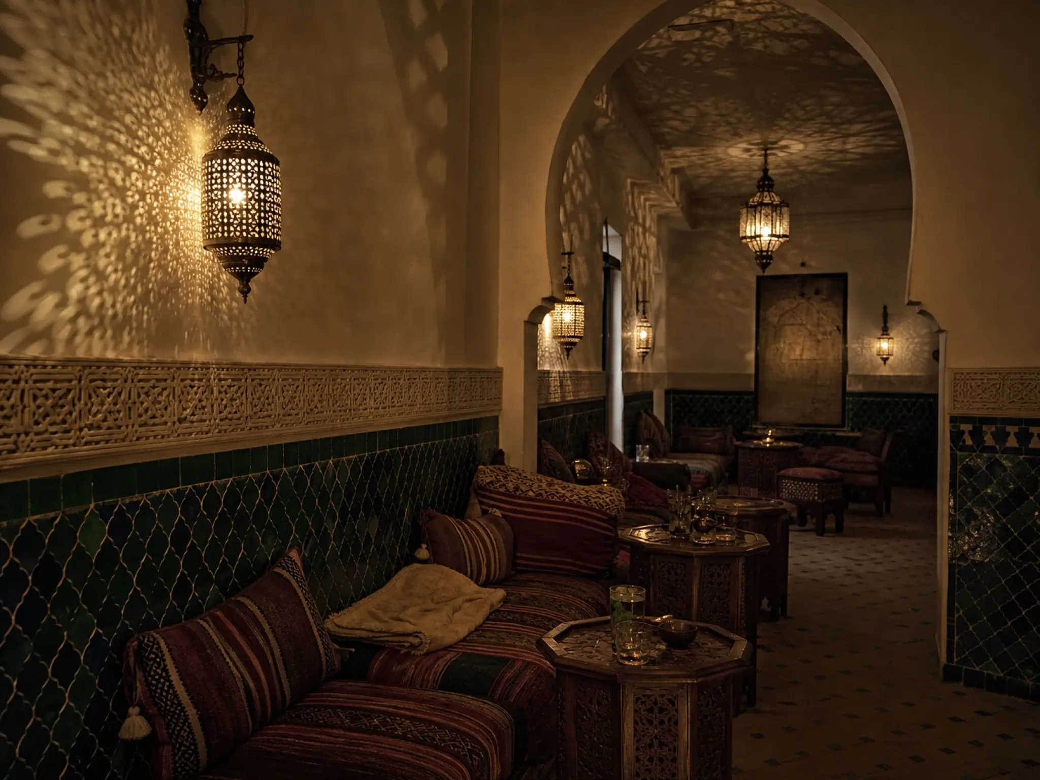Moroccan riad restaurant interior with zellige tilework, carved plaster and pierced lanterns