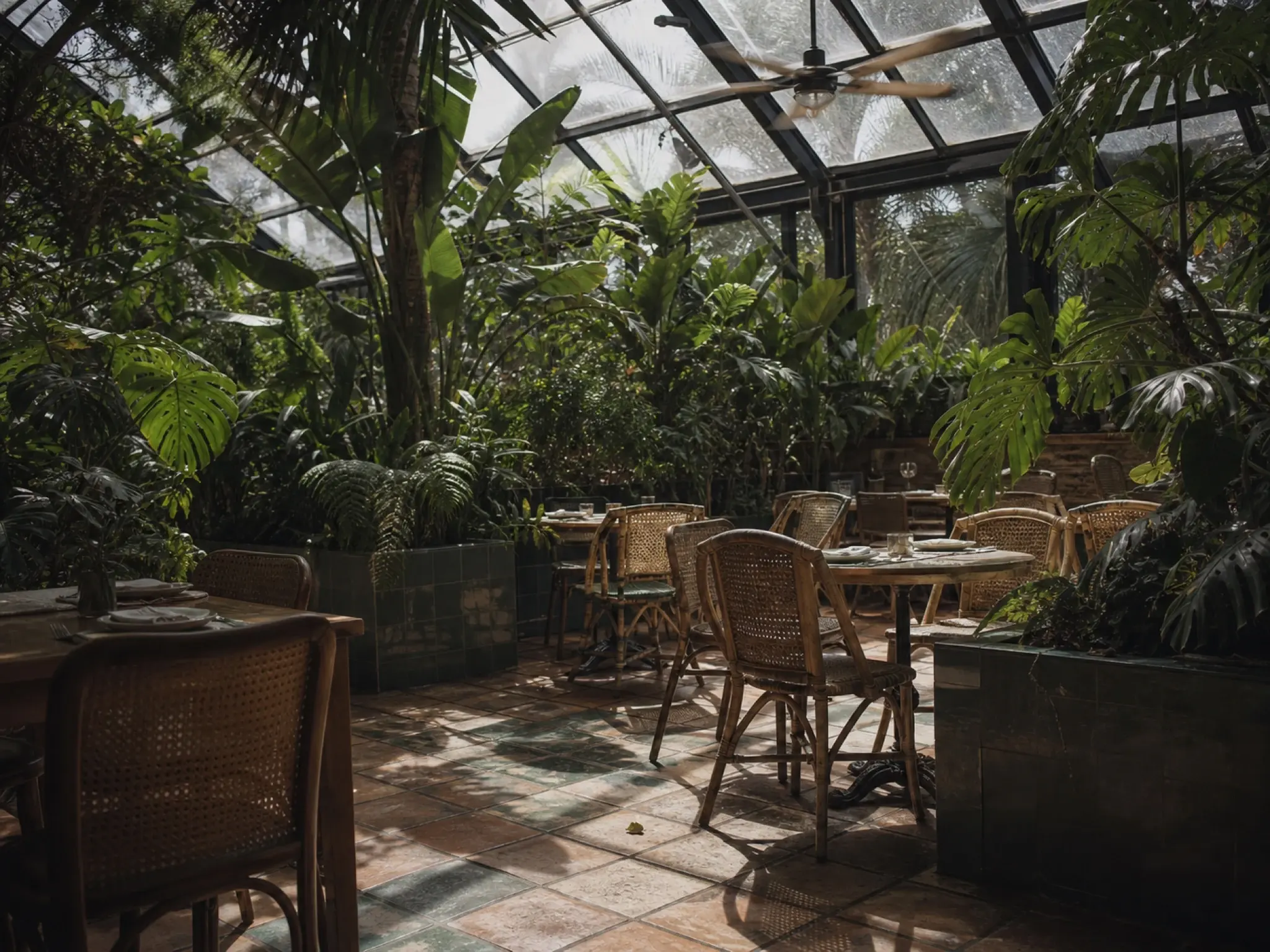 Tropical garden room restaurant with dense planting, cane furniture and a glazed roof