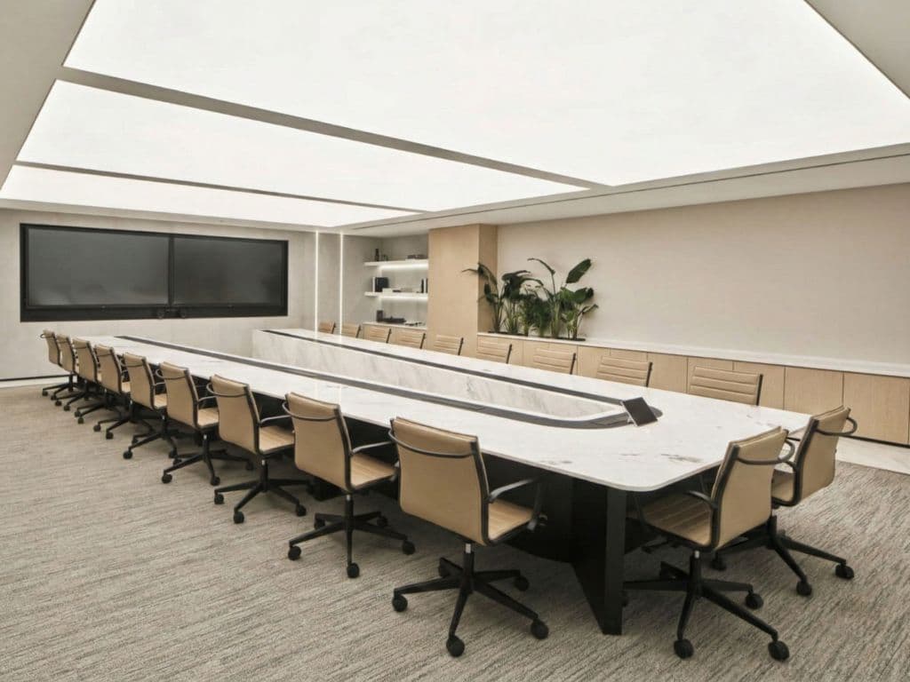 Backlit stretch ceiling panel over a long boardroom table in a Dubai office fit-out by Halo