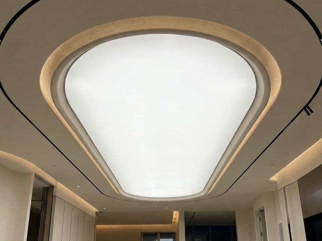Teardrop-shaped luminous stretch ceiling panel recessed into a curved gypsum bulkhead