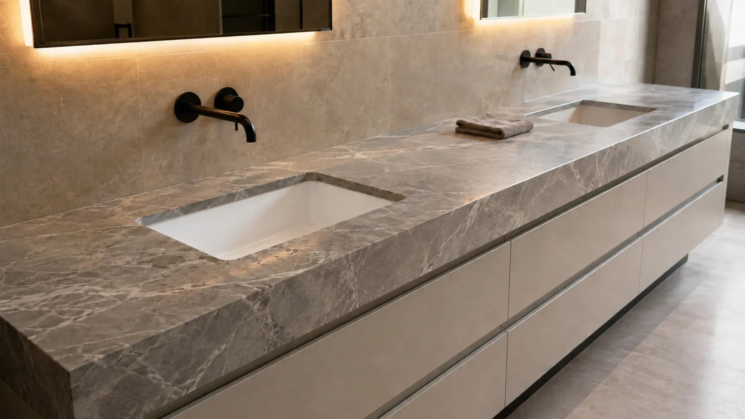 Long marble double vanity with widely spaced undermount basins and wall-mounted taps