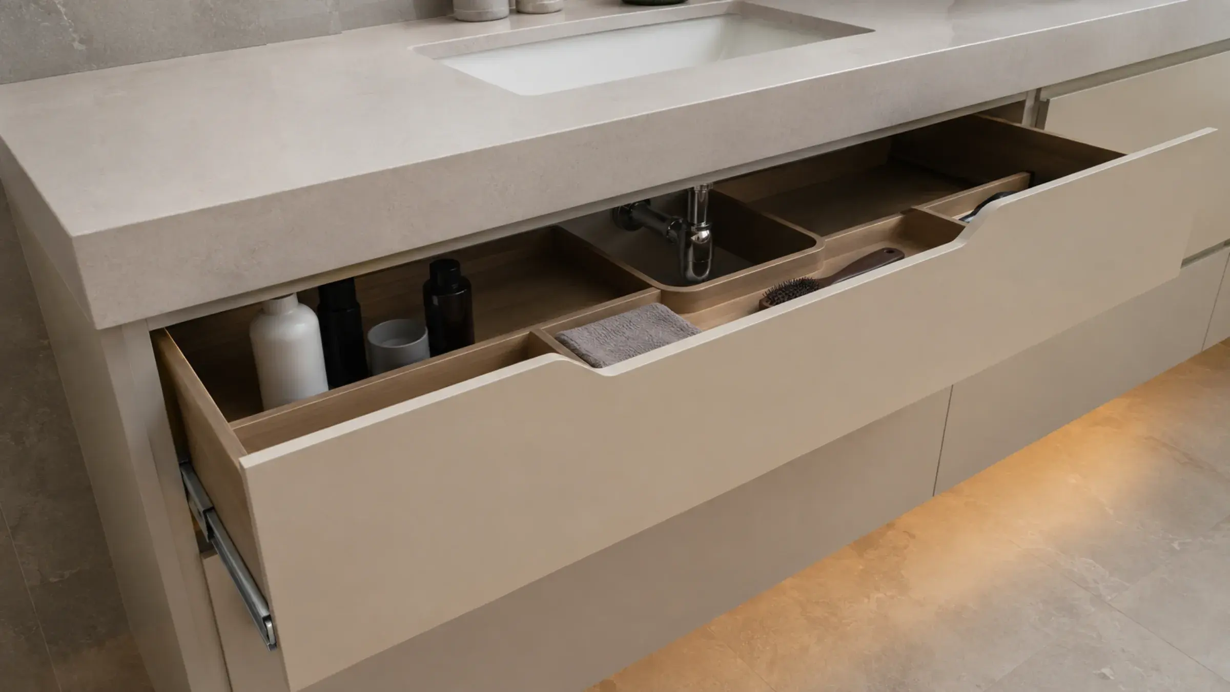 Open U-notched vanity drawer fitted around a chromed bottle trap with divided storage