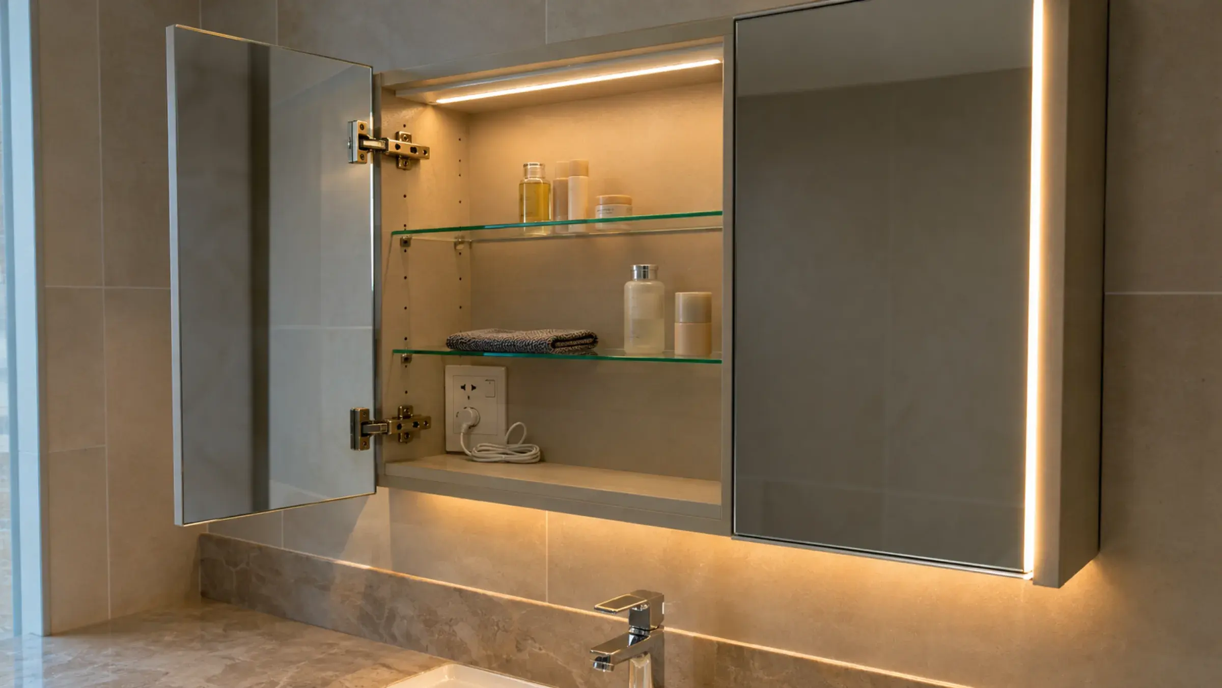 Open bathroom mirror cabinet with internal glass shelves, socket and warm LED lighting