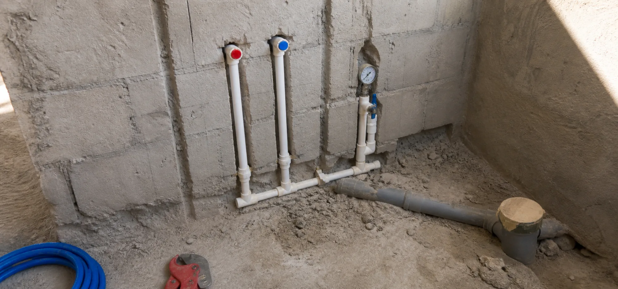 Bathroom plumbing first fix with capped hot and cold supply stubs, waste connection and a pressure test gauge in line