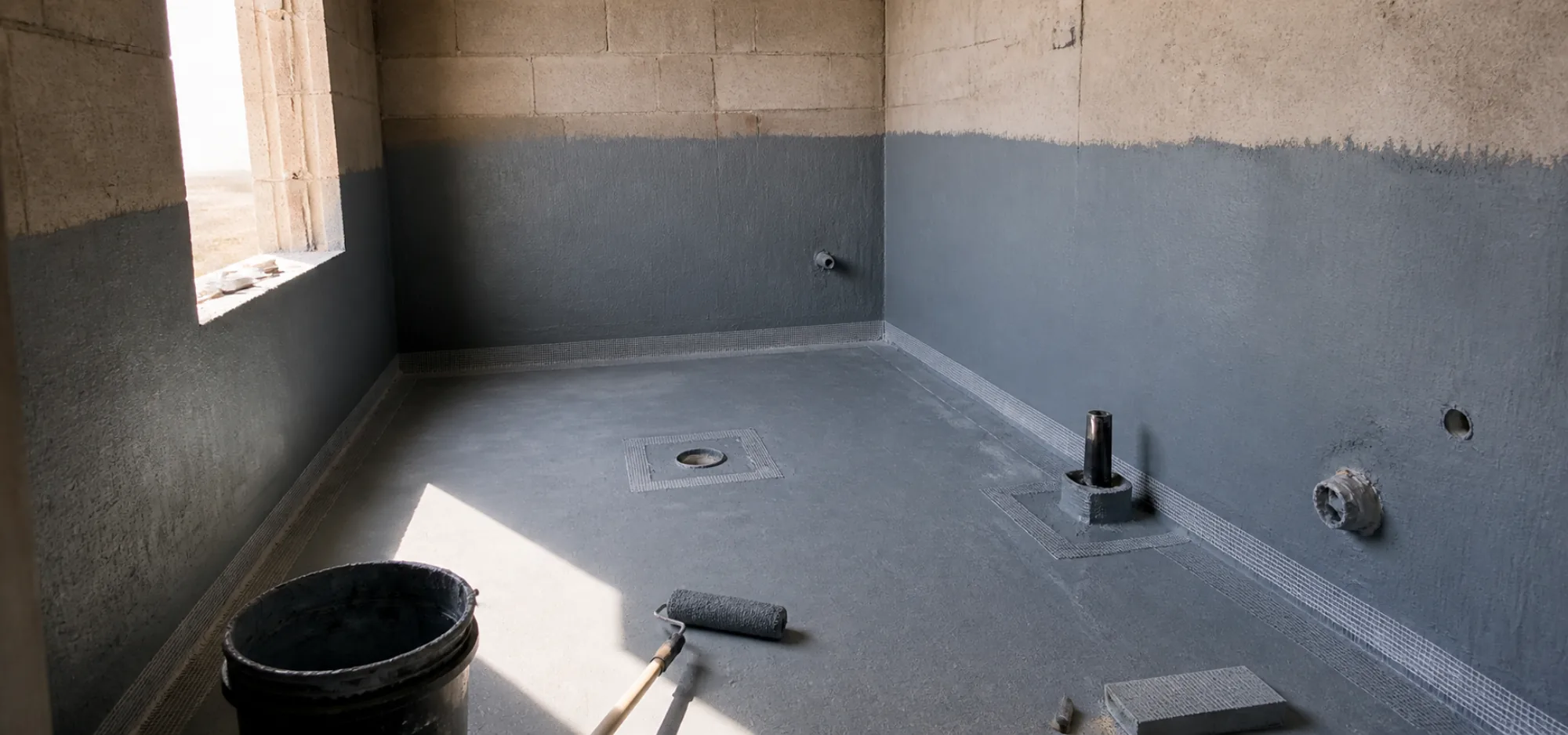 Waterproofing membrane and reinforcement tape at junctions before the build-up is laid