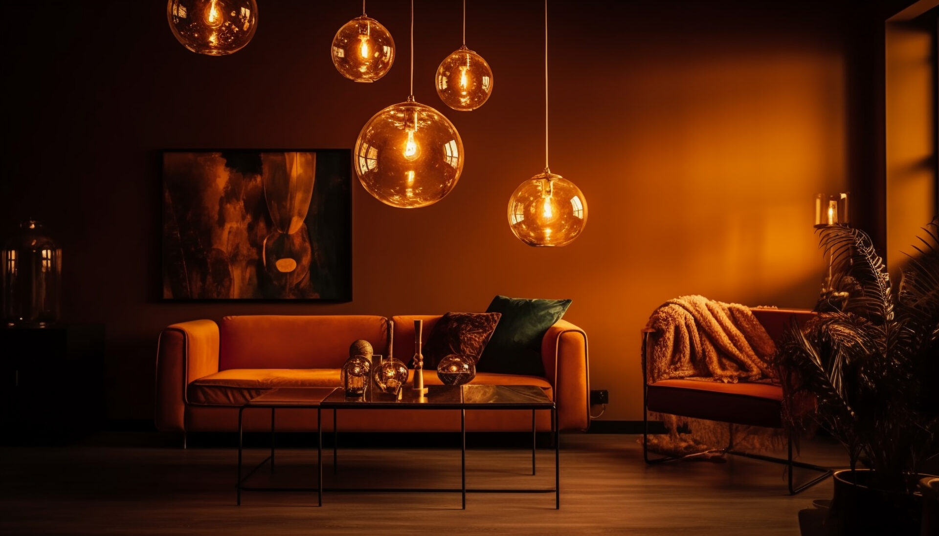Comfortable modern living room with elegant lighting equipment generated by AI