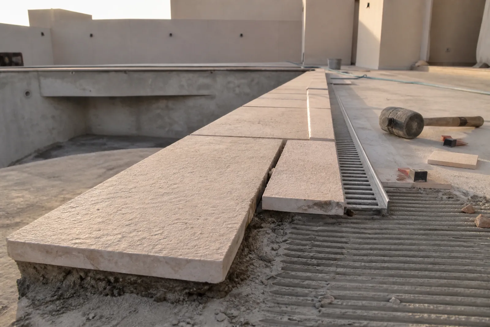 Paving bedded to falls with a channel drain set flush at the low point