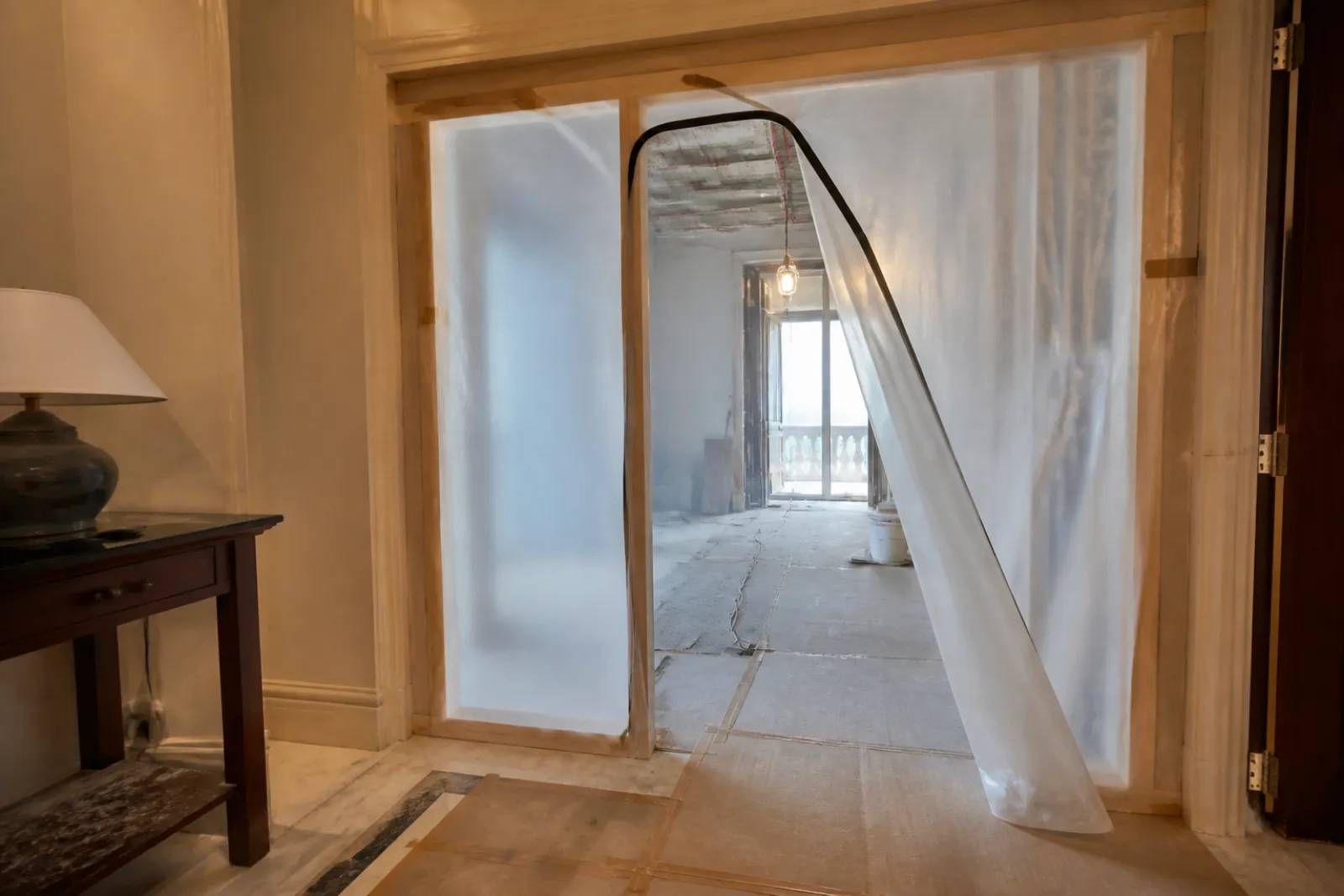 Temporary dust hoarding separating a work zone from an occupied hallway