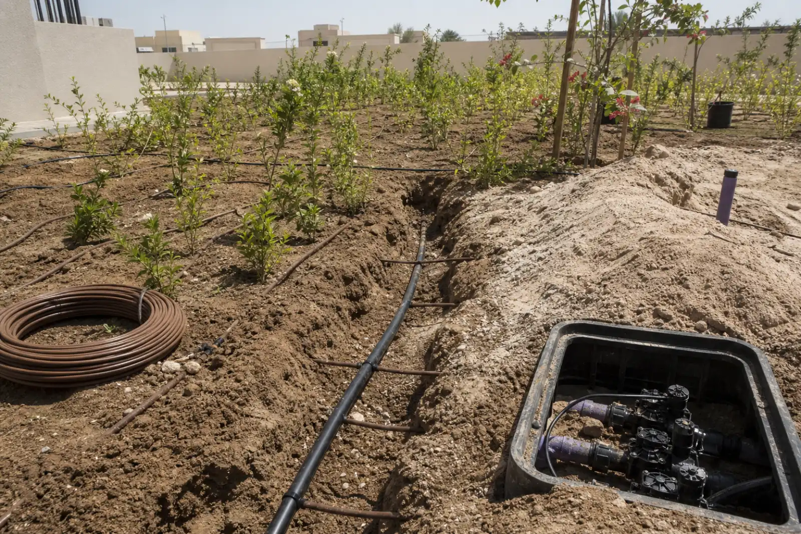 Drip irrigation mainline and valve manifold under installation