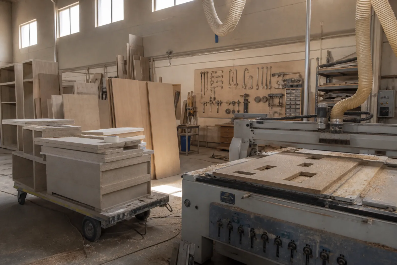 Carcass panels and CNC-cut components in the joinery workshop