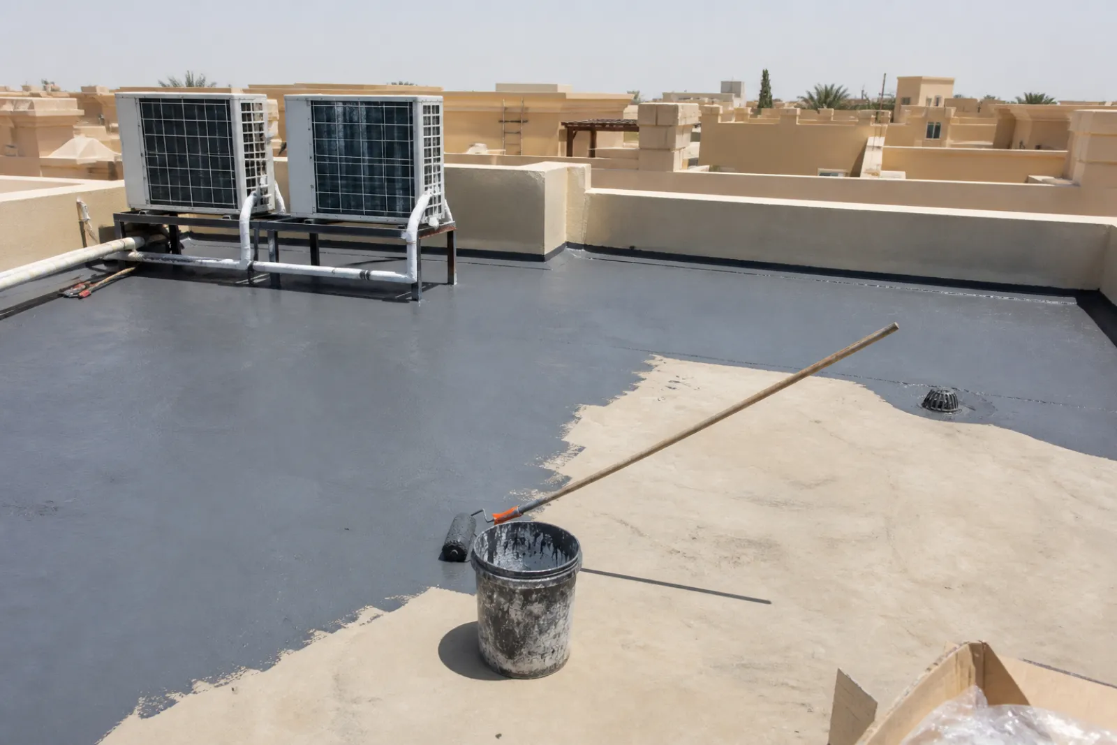 Liquid-applied waterproofing membrane part-applied to a Dubai villa flat roof