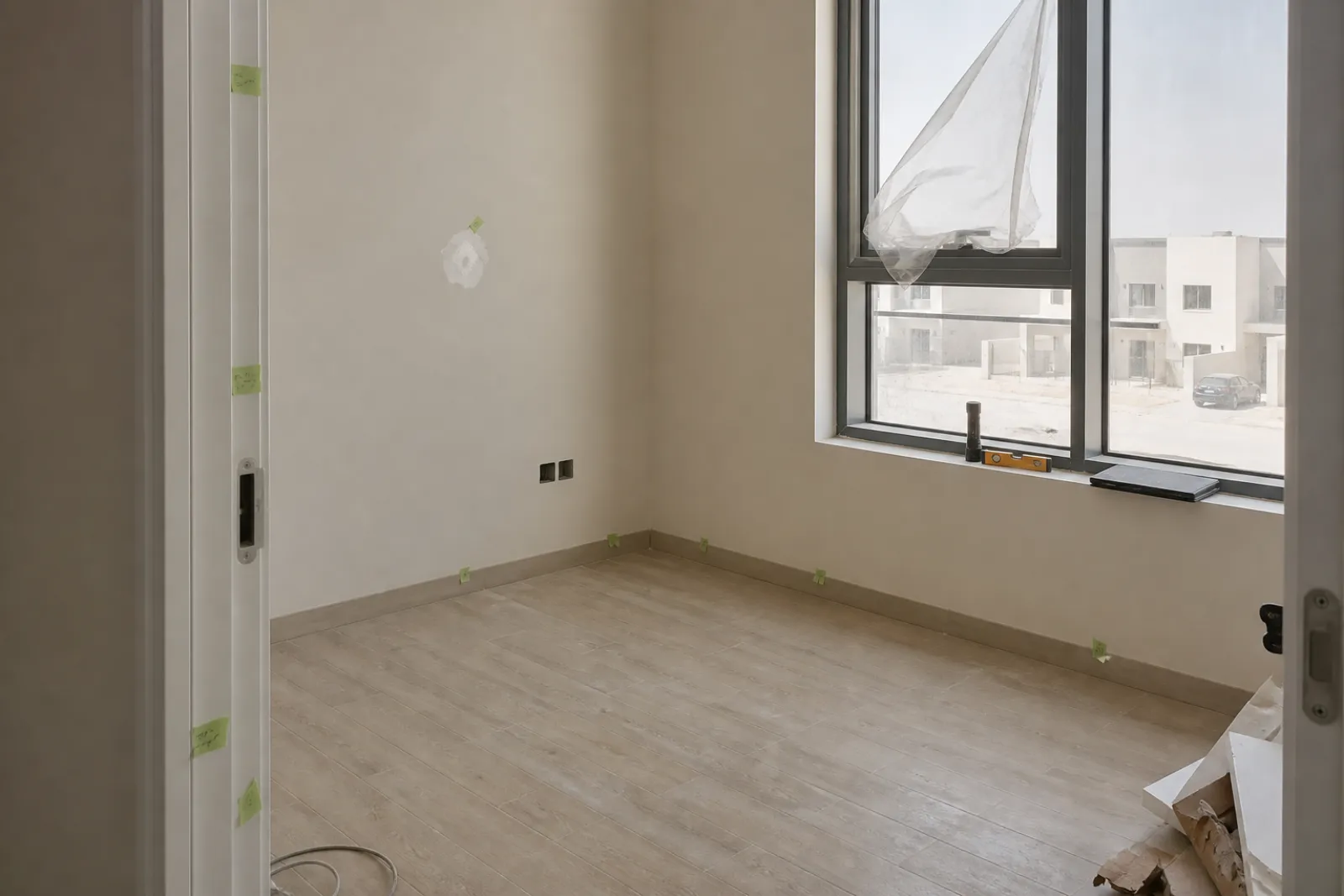 Completed room at second fix with snag tags before handover