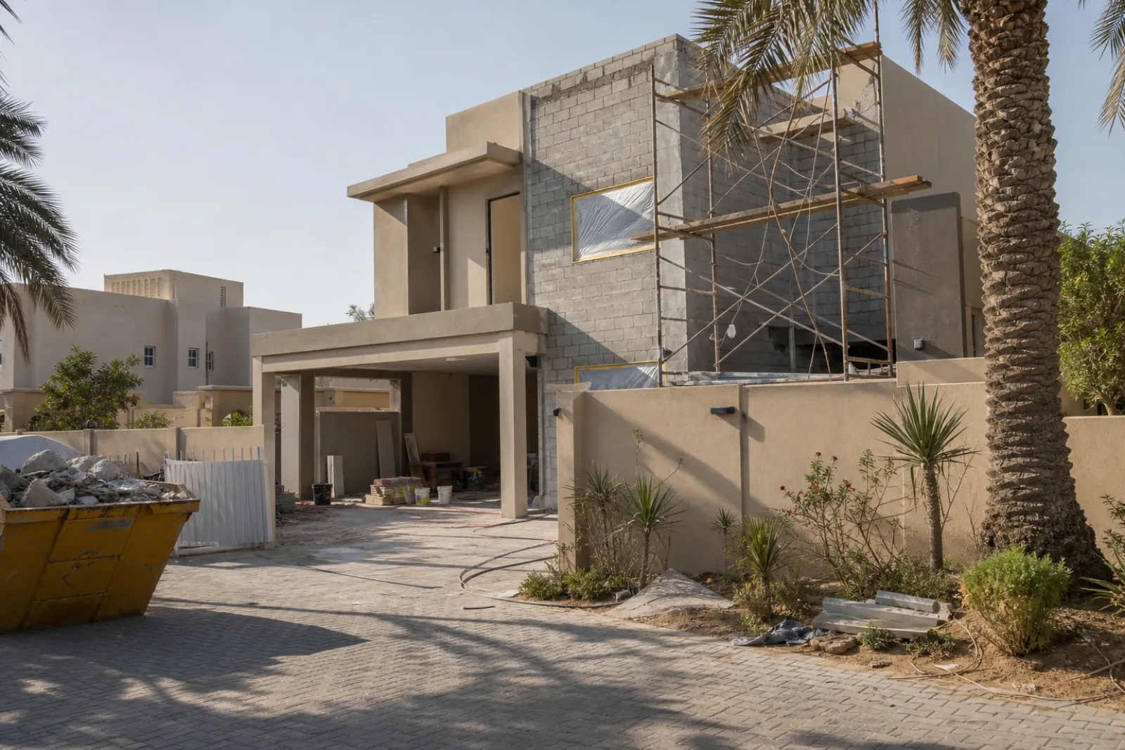 Villa exterior mid-renovation in an established Dubai gated community