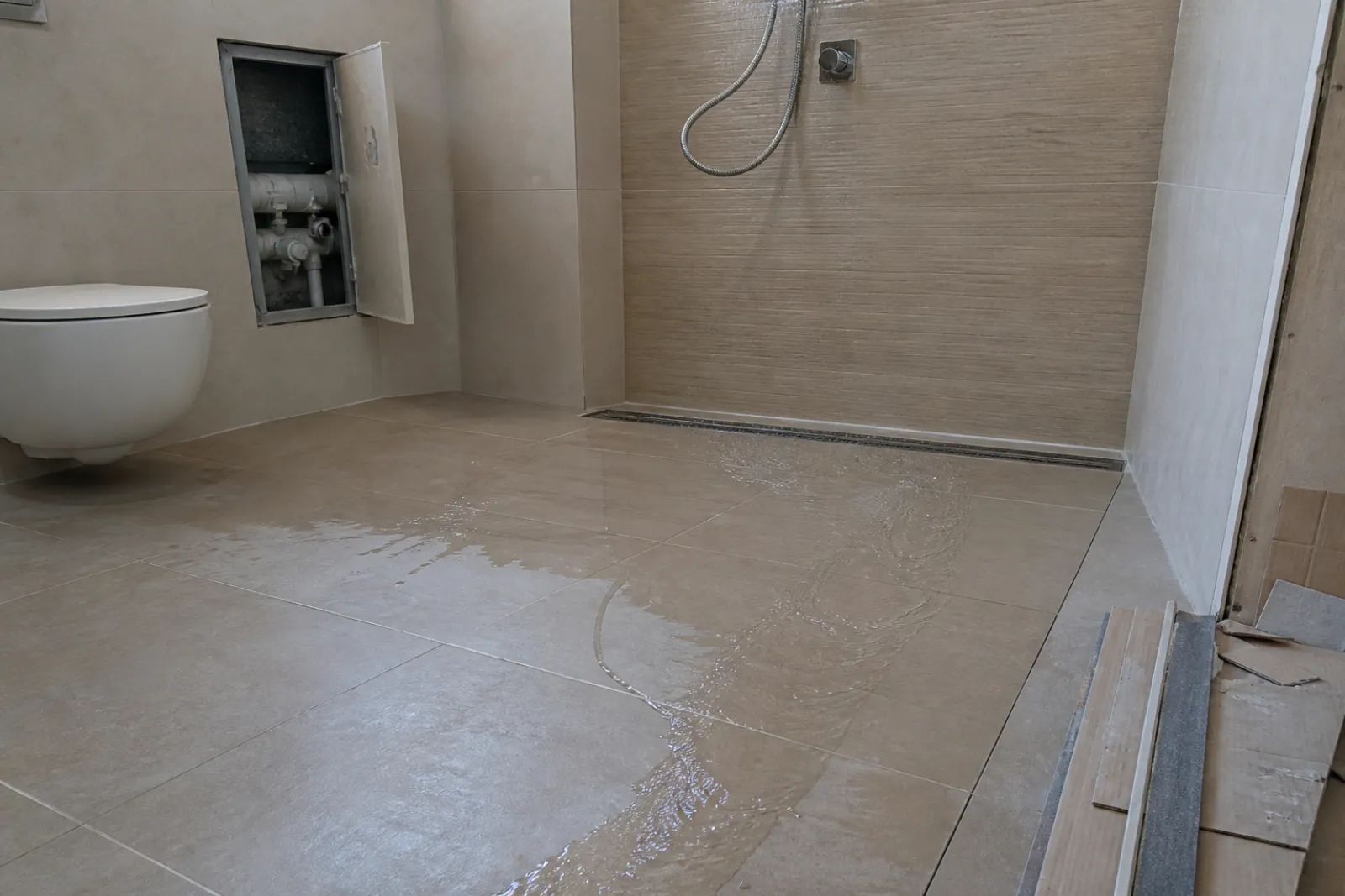 Wet test confirming the floor falls track to the drain before handover