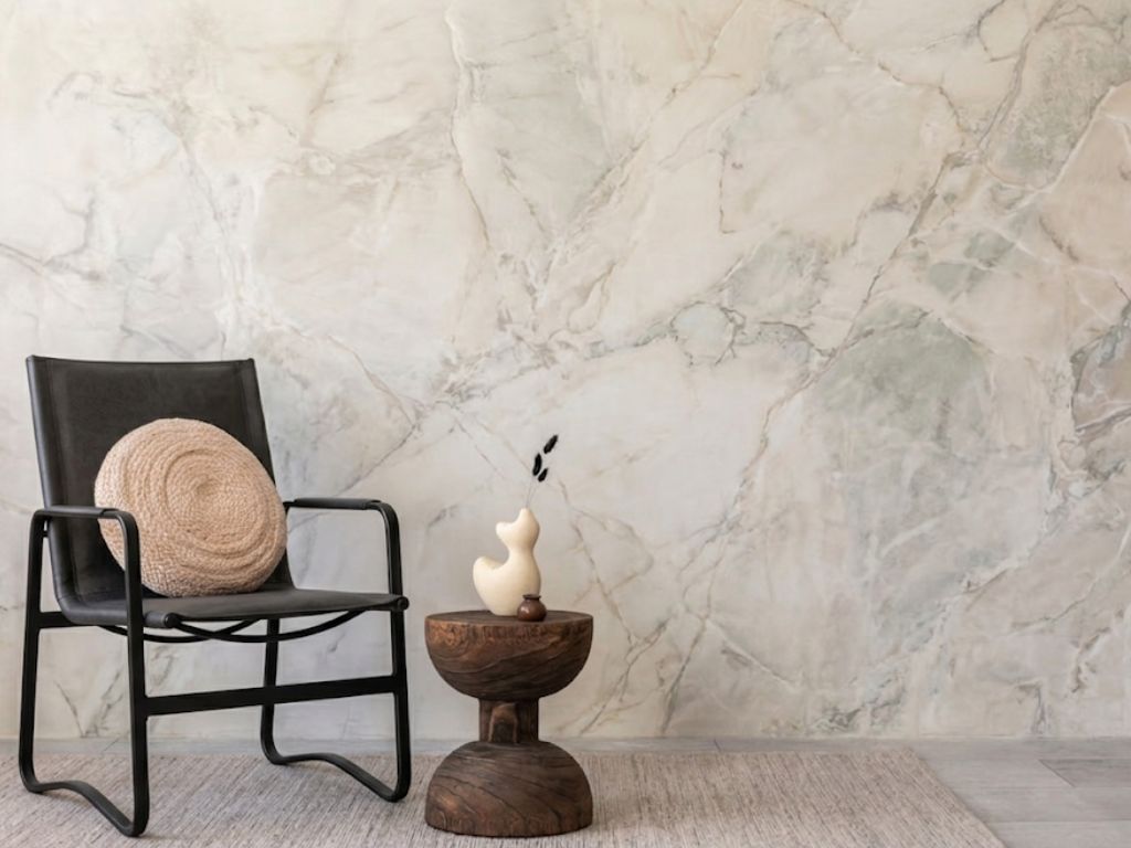 Marmorino lime plaster finish showing tonal depth across the panel