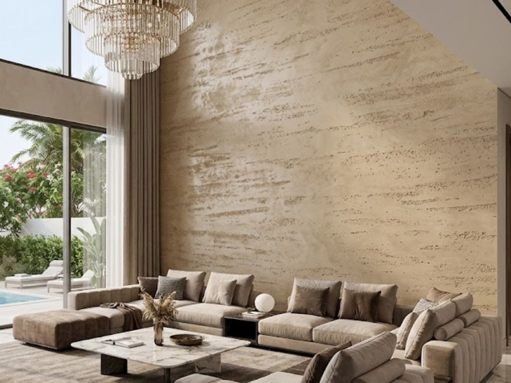 Polished travertino finish applied by hand in a Dubai interior