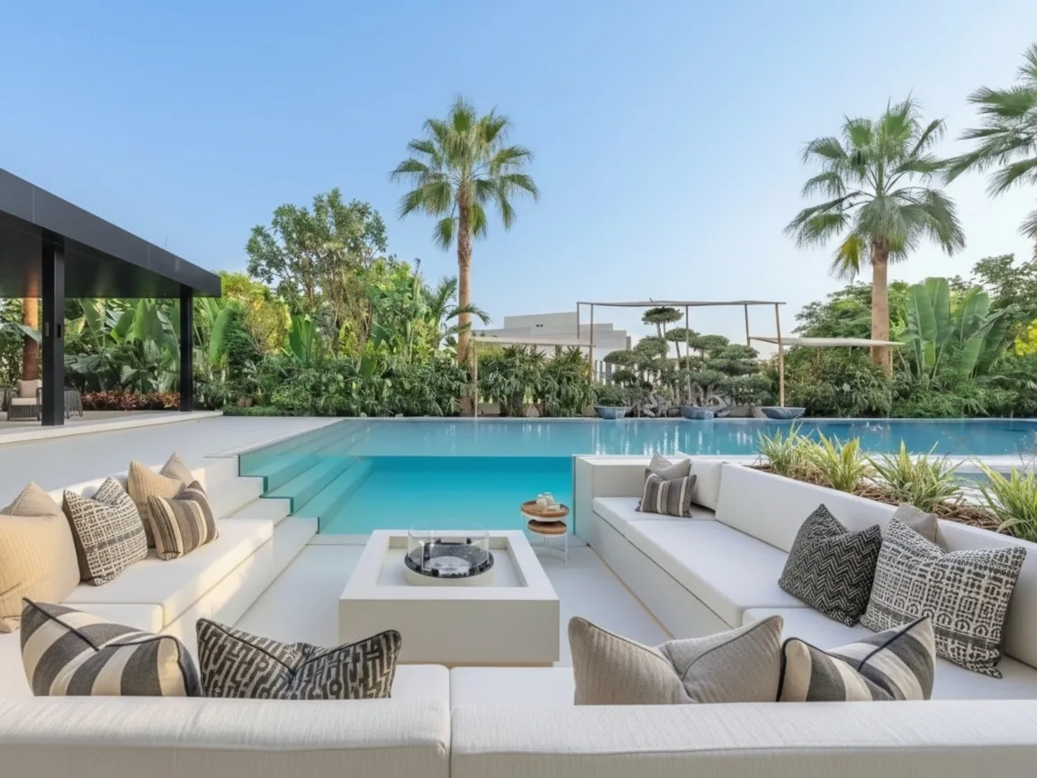 Villa outdoor living area with poolside seating and landscaping