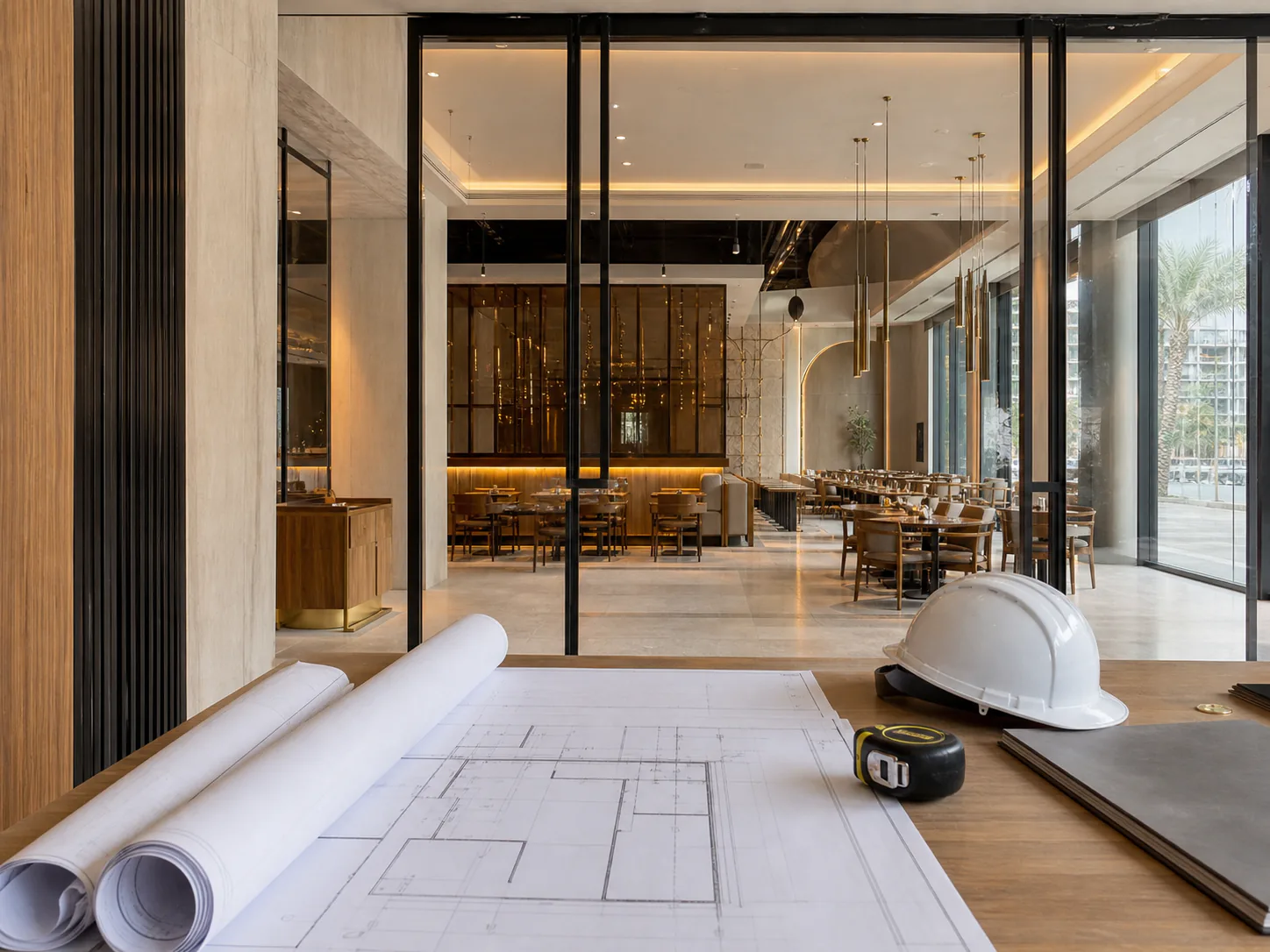 Restaurant approval drawings and site-coordination table overlooking a completed Dubai restaurant