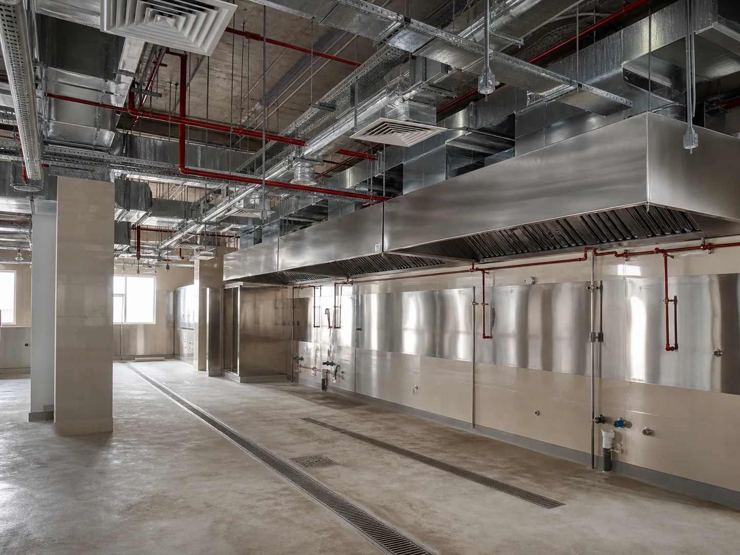 Restaurant kitchen fit-out with extraction canopy, ductwork and drainage channel in Dubai