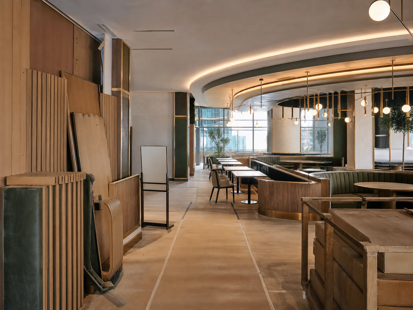 Restaurant fit-out site with staged joinery and dining seating during final project coordination