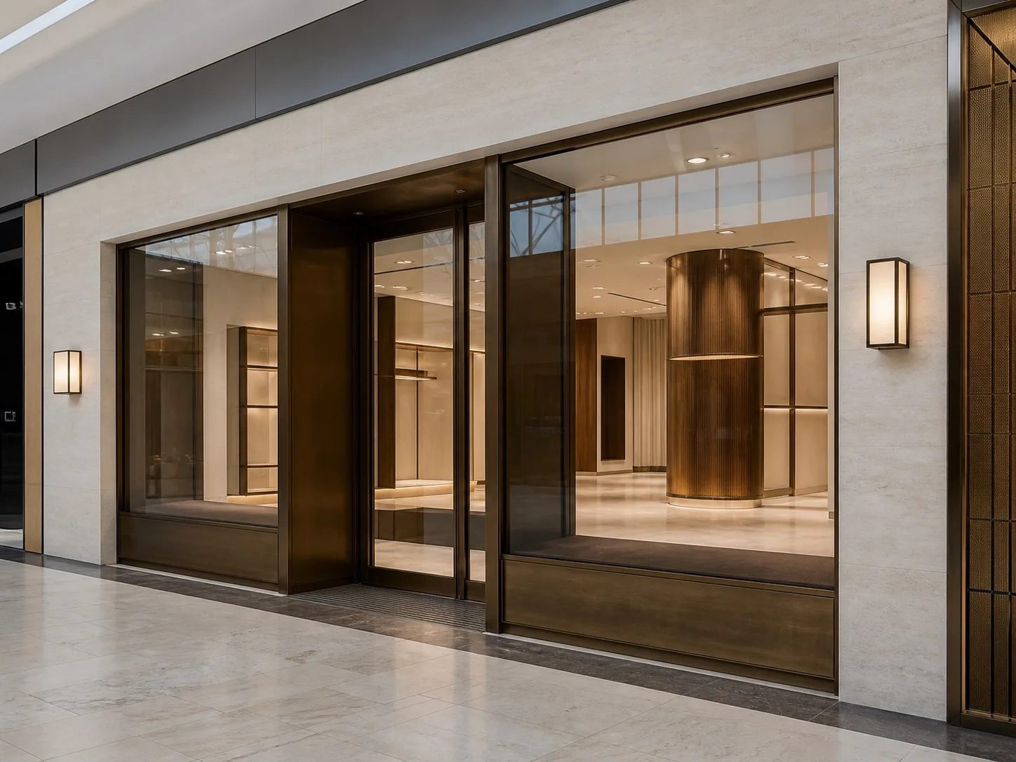 Unbranded premium boutique shopfront with bronze framing, glazing and warm facade lighting in a Dubai mall