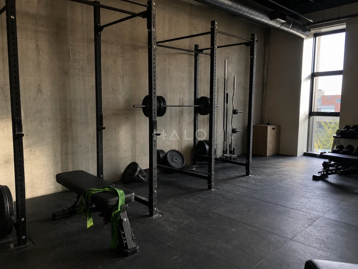 Boutique strength studio with a black steel rig, concrete wall and low-angle daylight