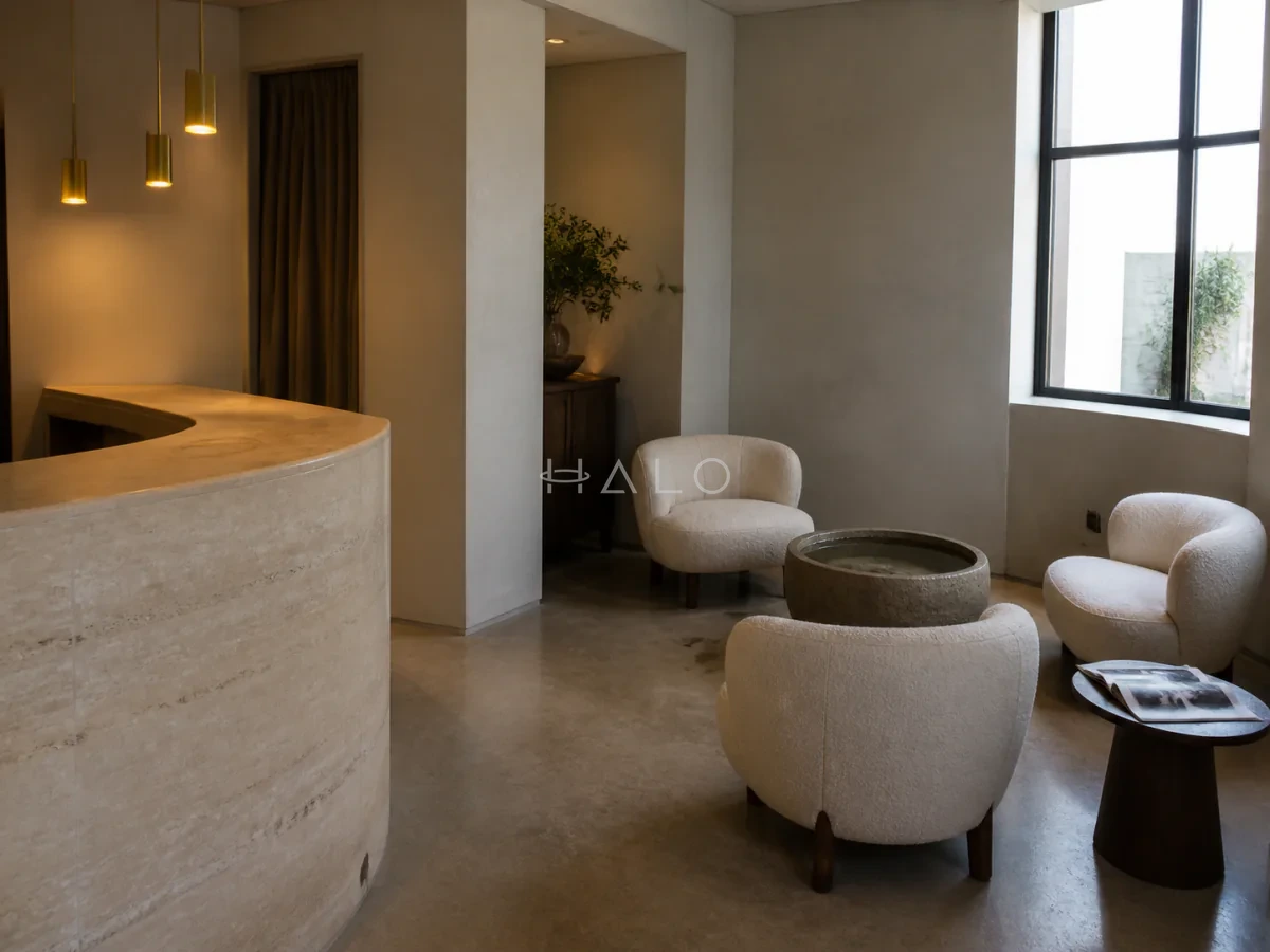 Spa reception and relaxation lounge with a curved travertine desk and bouclé seating