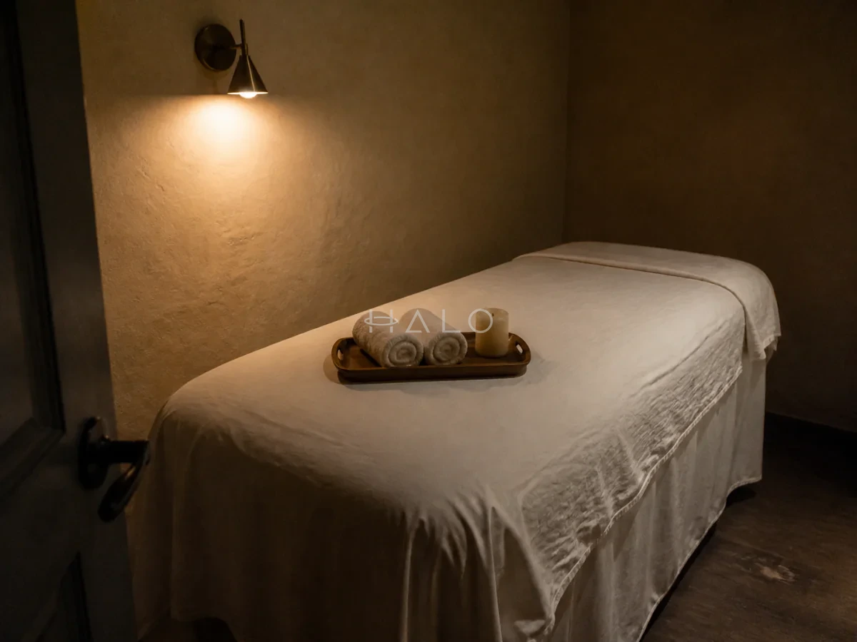 Private spa treatment suite with softly wrinkled linen and warm plaster walls