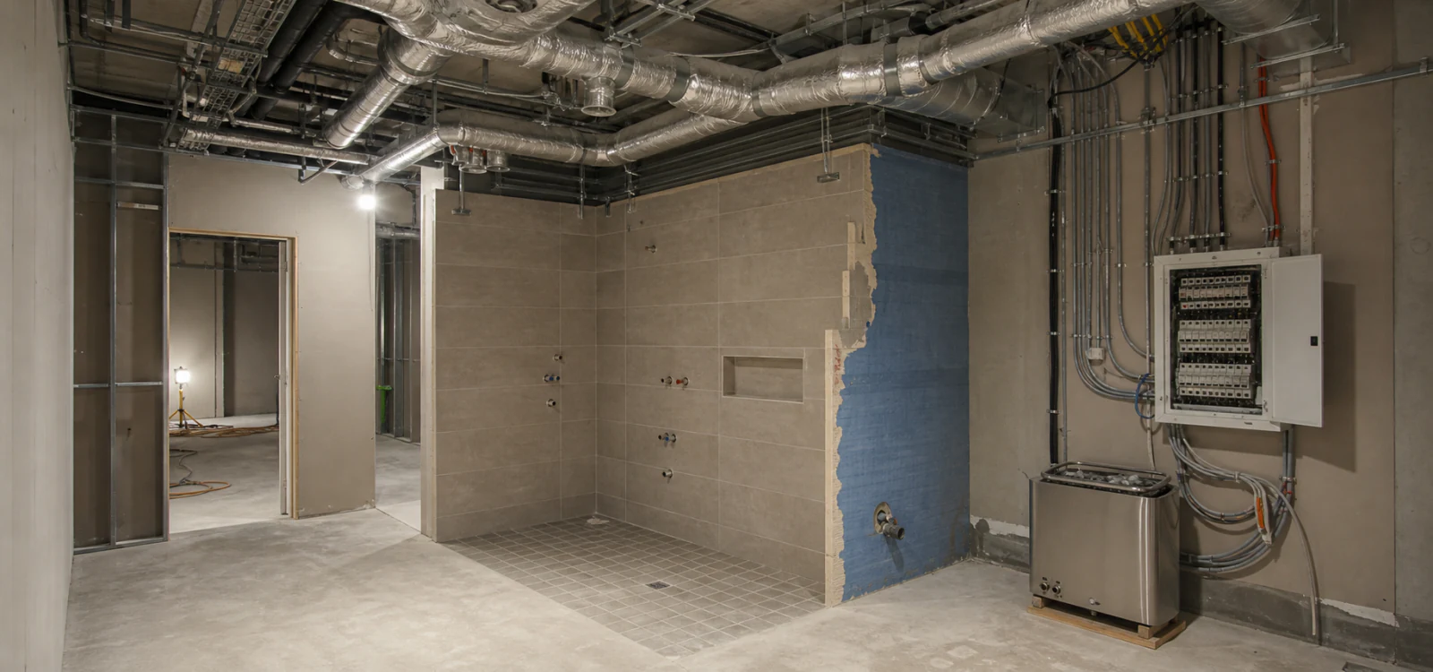 MEP ventilation ducting, tanking membrane and electrical conduits during a wellness room fit-out